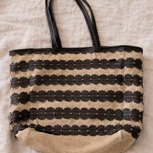 Beige Tote Bag w Black Leather Studded Trim | Large Laptop Bag